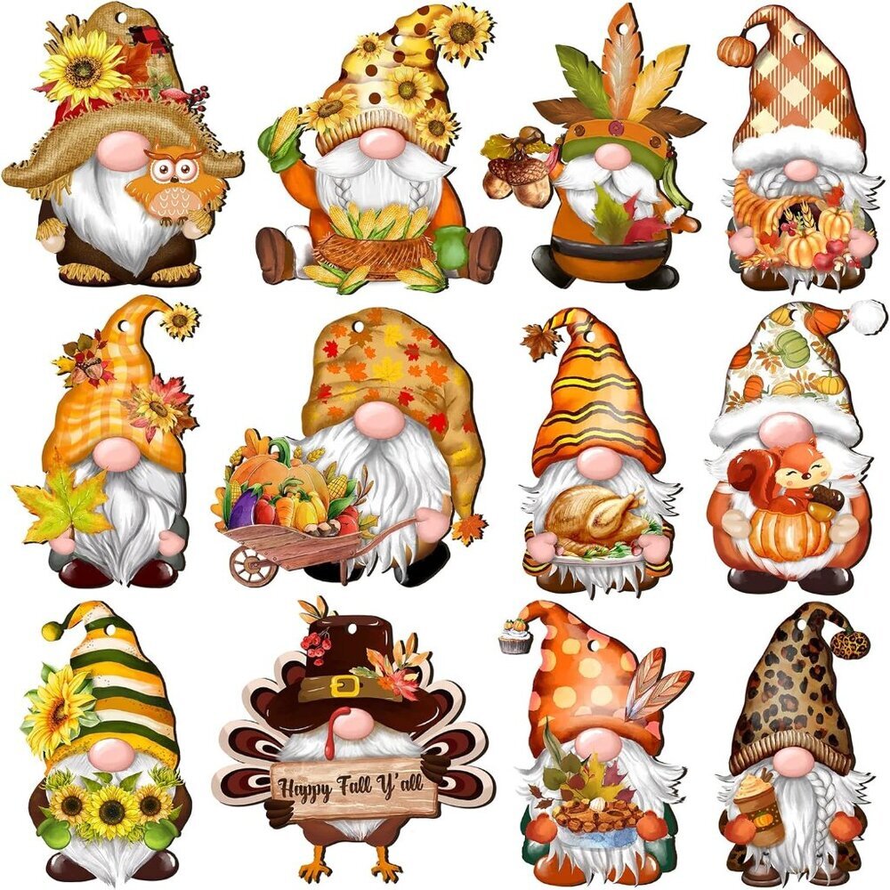 Fall Thanksgiving Gnomes Wooden Hanging Ornaments, Autumn Wood Hanging Pendant D